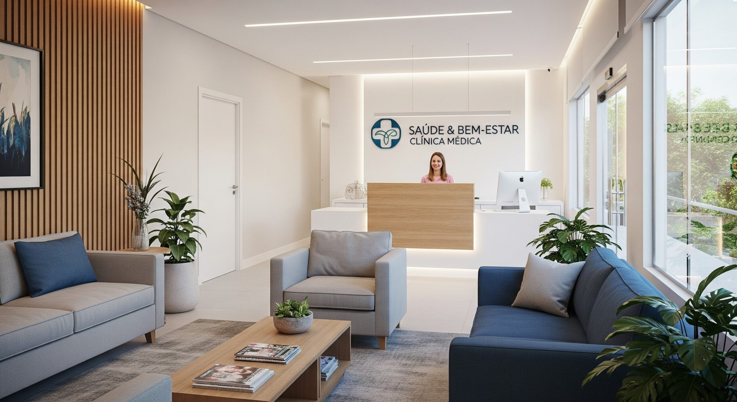Imagem da recepção de uma clínica médica de saúde e bem-estar com móveis confortáveis, plantas decorativas e um ambiente moderno e acolhedor para pacientes.
